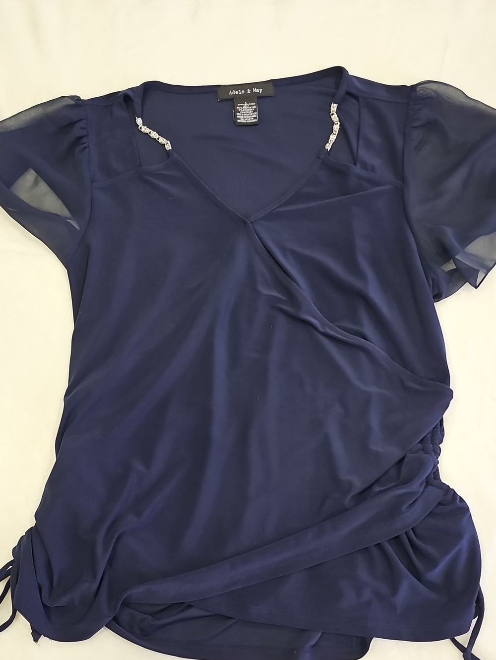 Adele & May Navy V-Neck Short Sleeve Blouse with Sheer Sleeves